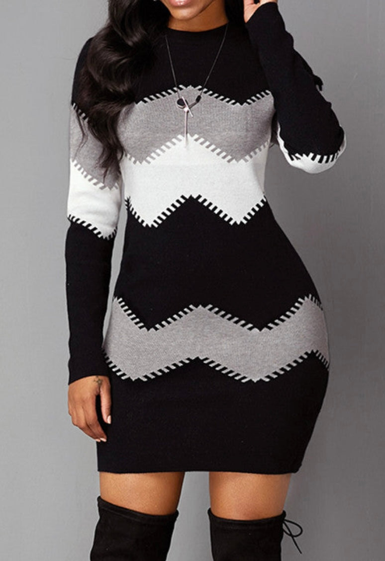 Block The Wave Long Sleeve Dress
