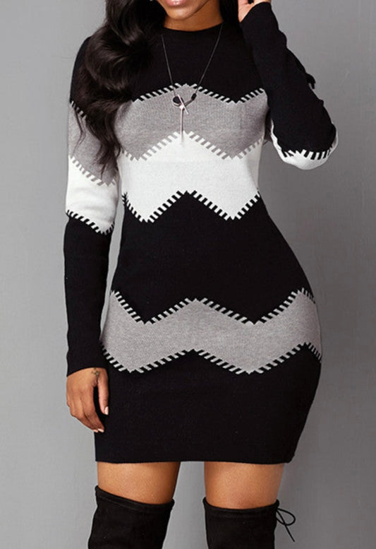 Block The Wave Long Sleeve Dress
