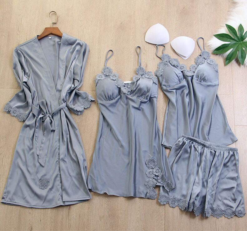 Heart Covered Silk Night Wear 4 Piece Set