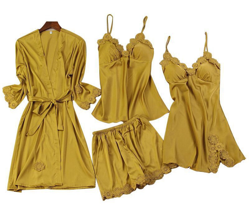 Heart Covered Silk Night Wear 4 Piece Set